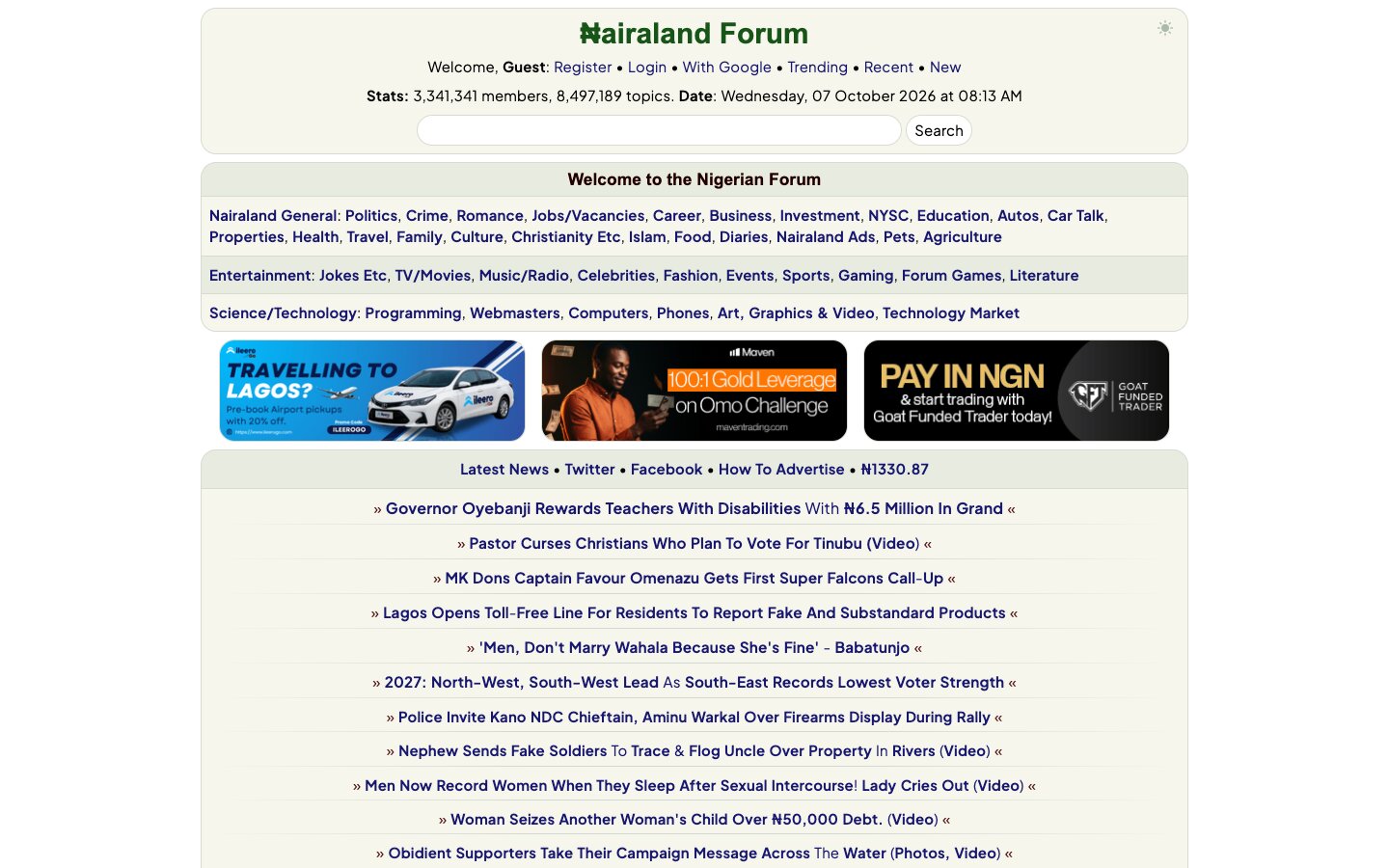 Nairaland, eines der bekanntesten Online-Foren Nigerias nairaland.com, Screenshot 2026