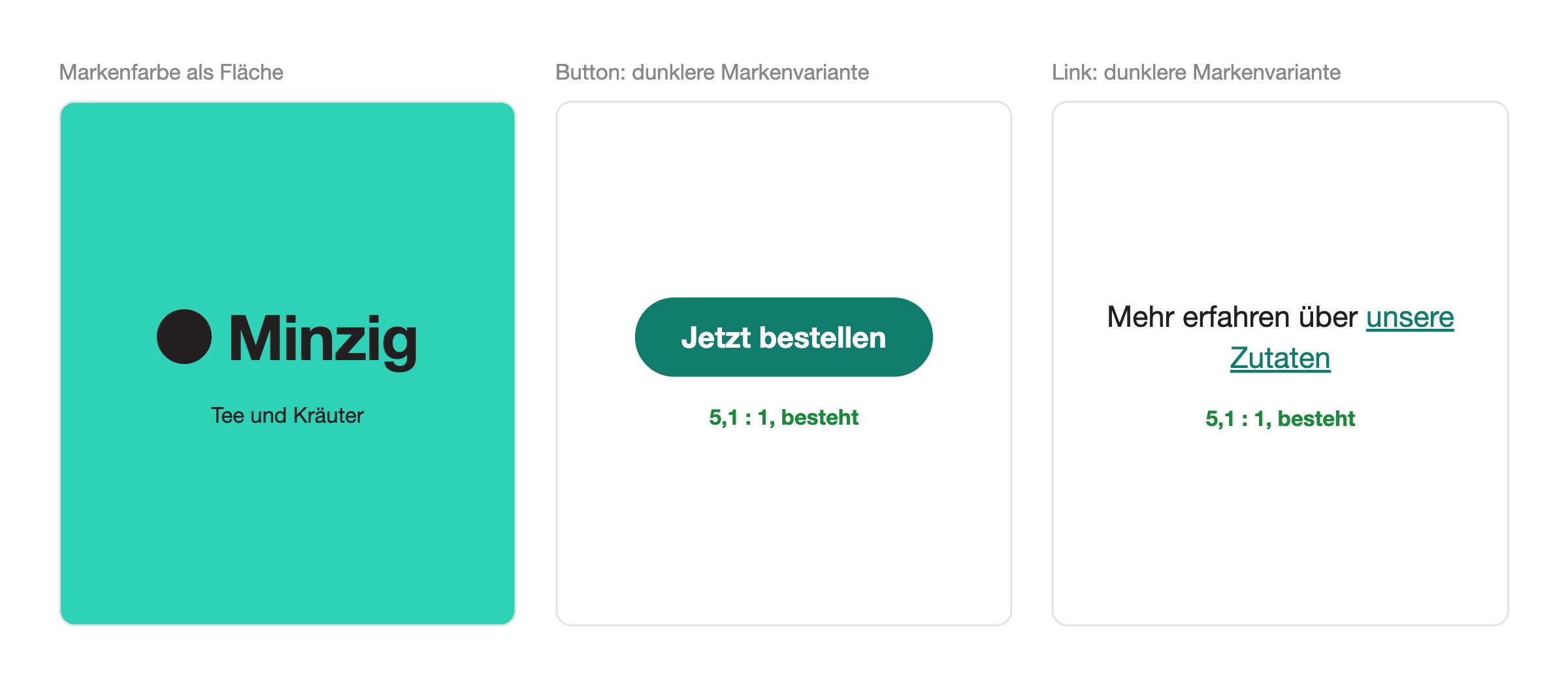 Lösung: Mint als Fläche, eine dunklere Variante für Buttons und Links Erfundene Marke
