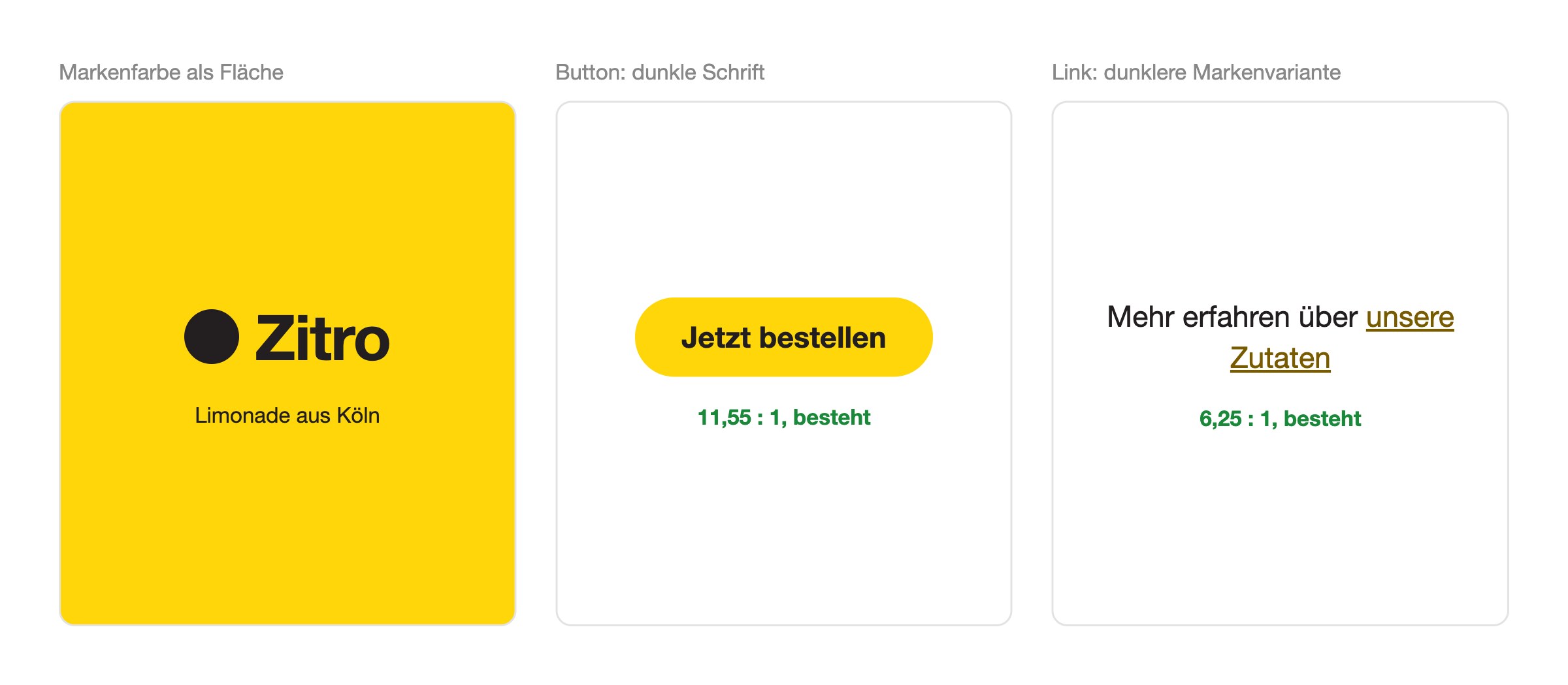 Lösung: Gelb als Fläche, dunkle Schrift auf Gelb, eine dunklere Variante für Links Erfundene Marke