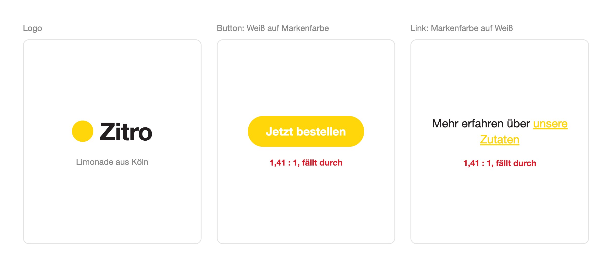 Zitro: Gelb ist die Marke. Für weiße Schrift und Links ist es zu hell. Erfundene Marke