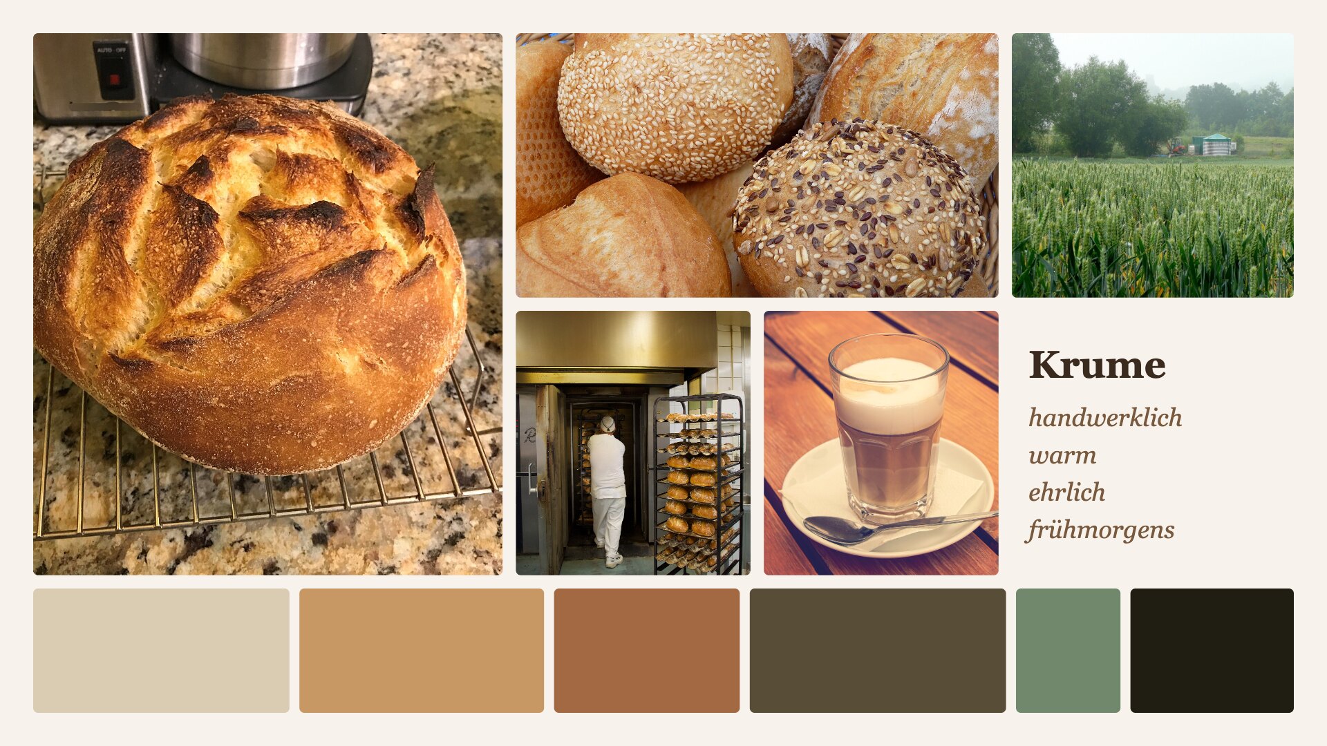 Moodboard für die Bäckerei »Krume«: Bilder, Begriffe, Farbklima Fotos über Wikimedia Commons, Nachweise in den Speaker Notes
