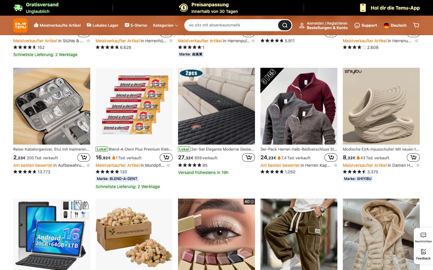 Und hier? Was sehen Sie zuerst? temu.com, Screenshot 2026