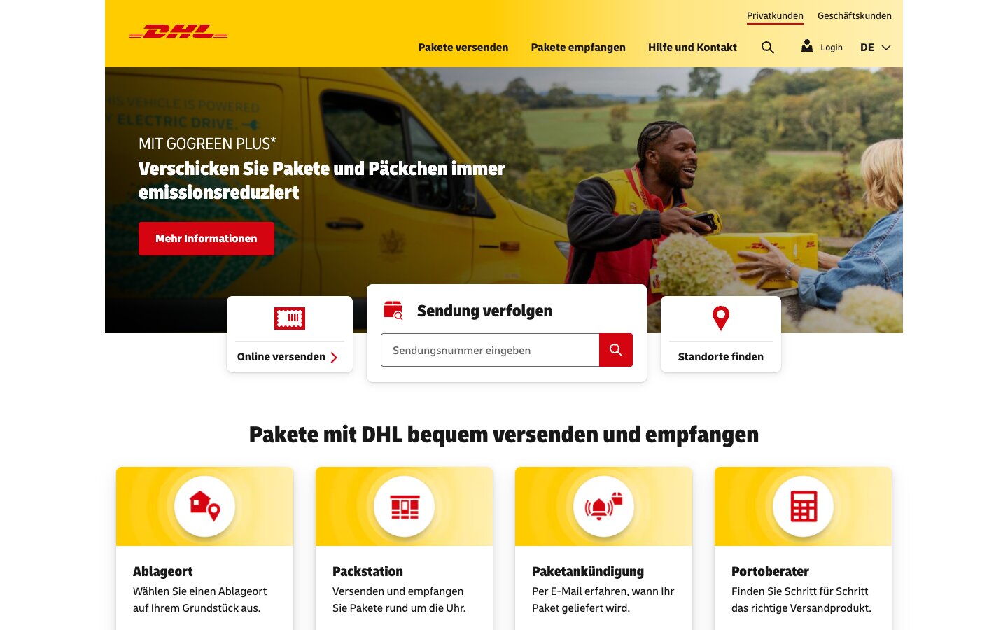 Gelb und Rot: zwei reine Farbtöne dhl.de, Screenshot 2026