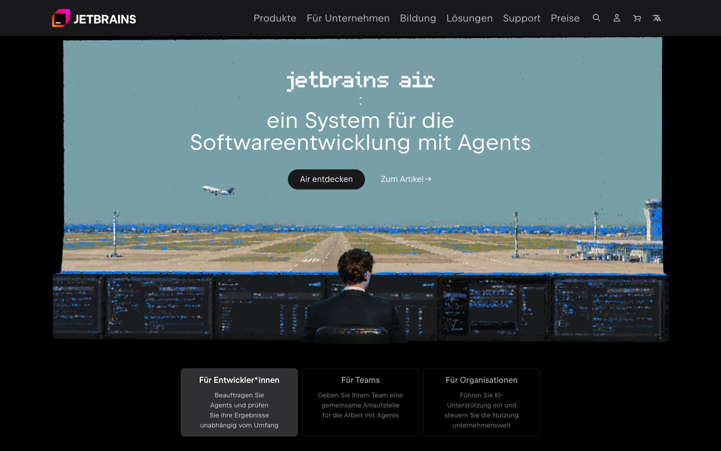 Dunkle Fläche, helle Schrift, einzelne helle Akzente jetbrains.com, Screenshot 2026