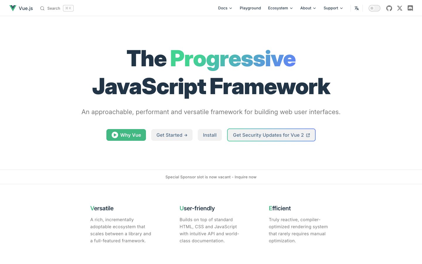 Fast alles unbunt, Grün markiert Marke und Hauptaktion vuejs.org, Screenshot 2026
