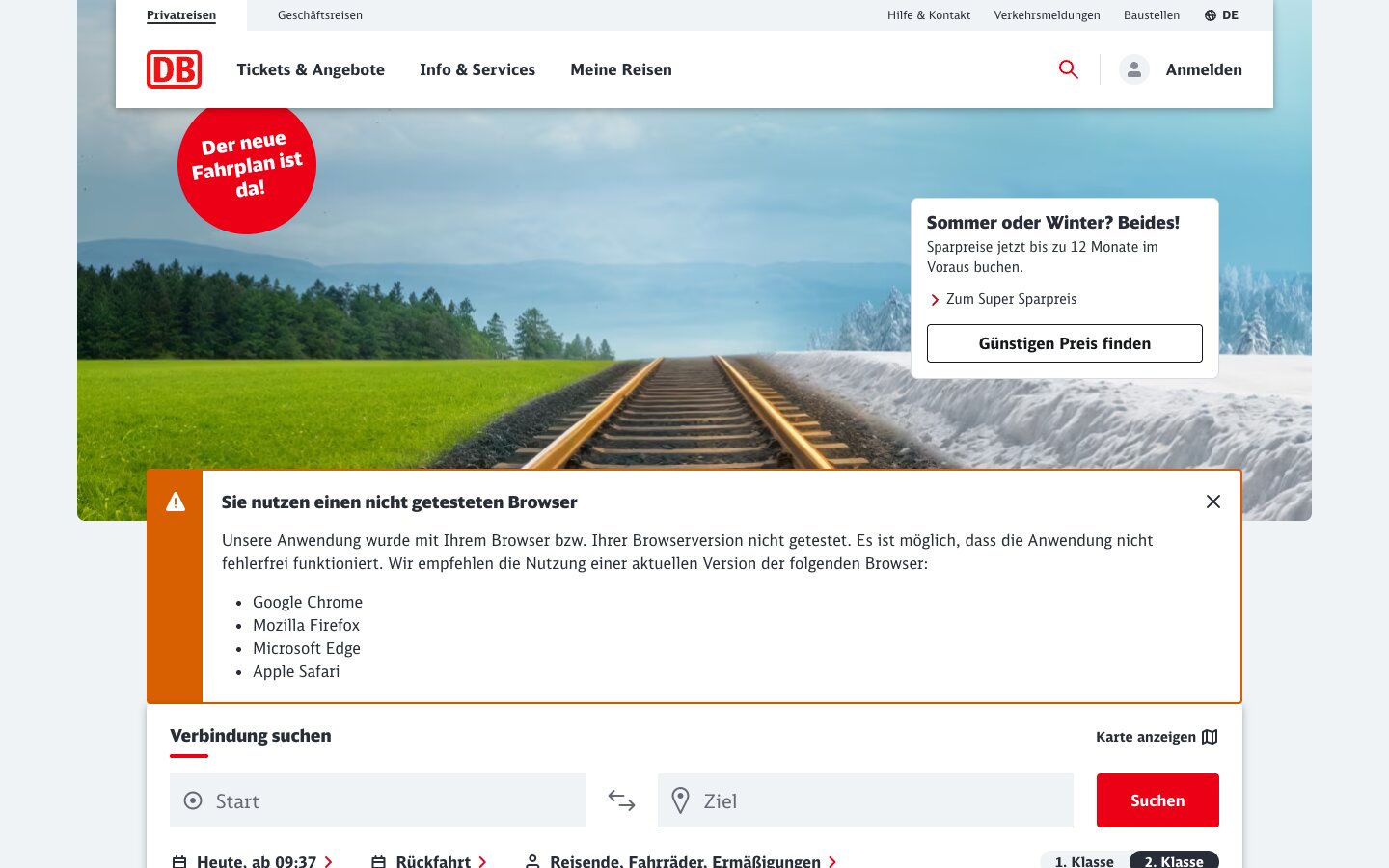 Rot für Marke und Suchen, Warnungen in Orange mit Symbol bahn.de, Screenshot 2026