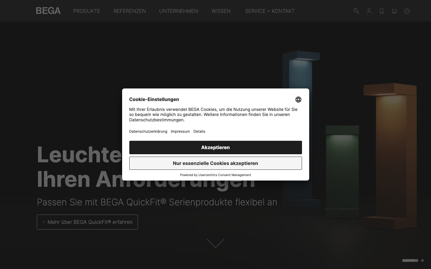 Abgedunkelte Seite, weißer Dialog: eindeutig, was Figur ist bega.com, Screenshot 2026