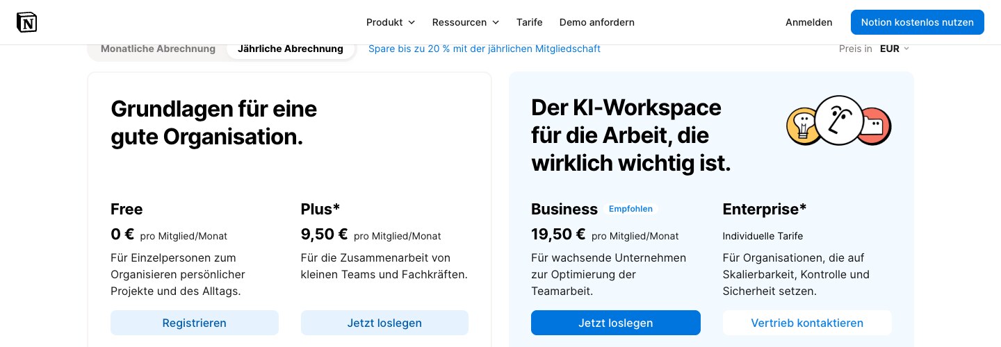 Ein Tarif hervorgehoben: Fläche, Etikett, einziger gefüllter Button notion.com, Screenshot 2026