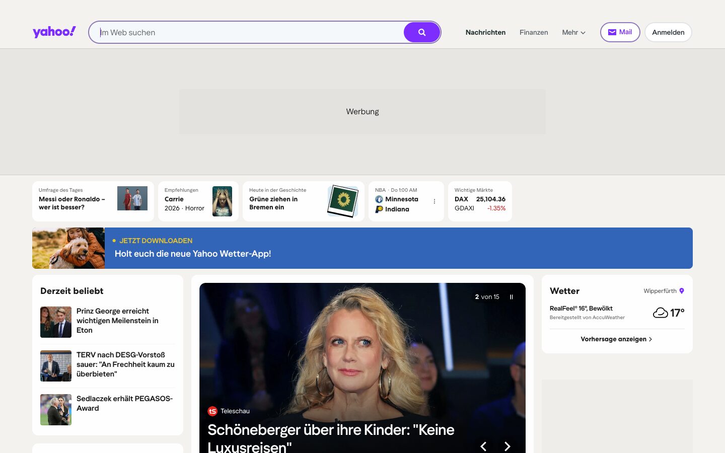 Suche, Nachrichten, Wetter, Börse, Werbung de.yahoo.com, Screenshot 2026