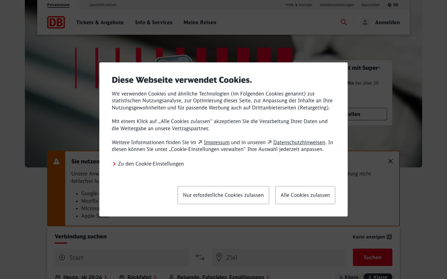 Auch hier: zwei gleichwertige Buttons. bahn.de, Screenshot 2026
