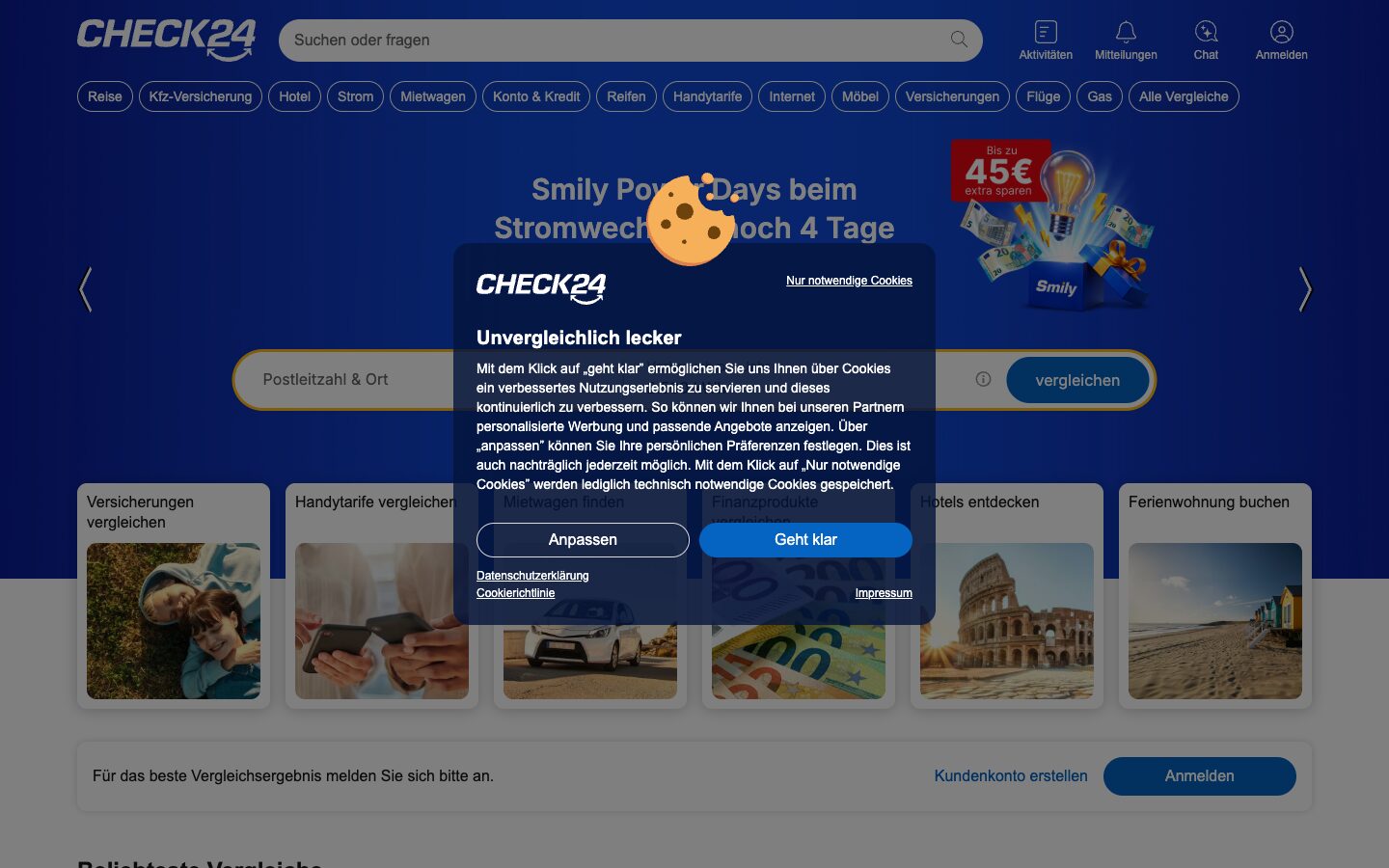 »Geht klar« als großer Button. »Nur notwendige Cookies« als kleiner Link oben rechts. check24.de, Screenshot 2026