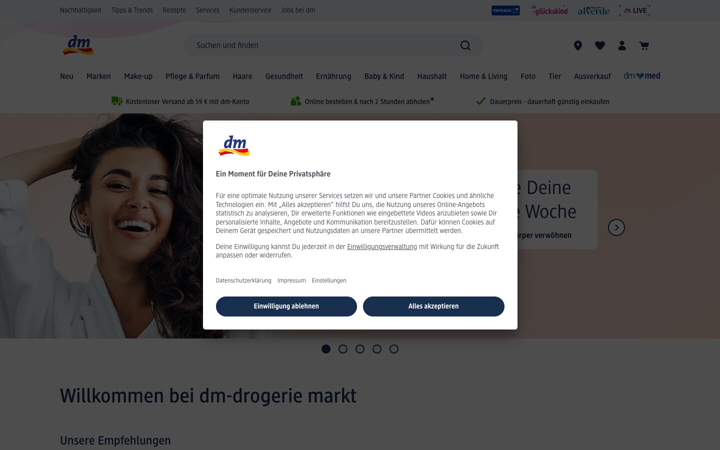 So geht es auch: Beide Wege gleich sichtbar, gleich groß. dm.de, Screenshot 2026