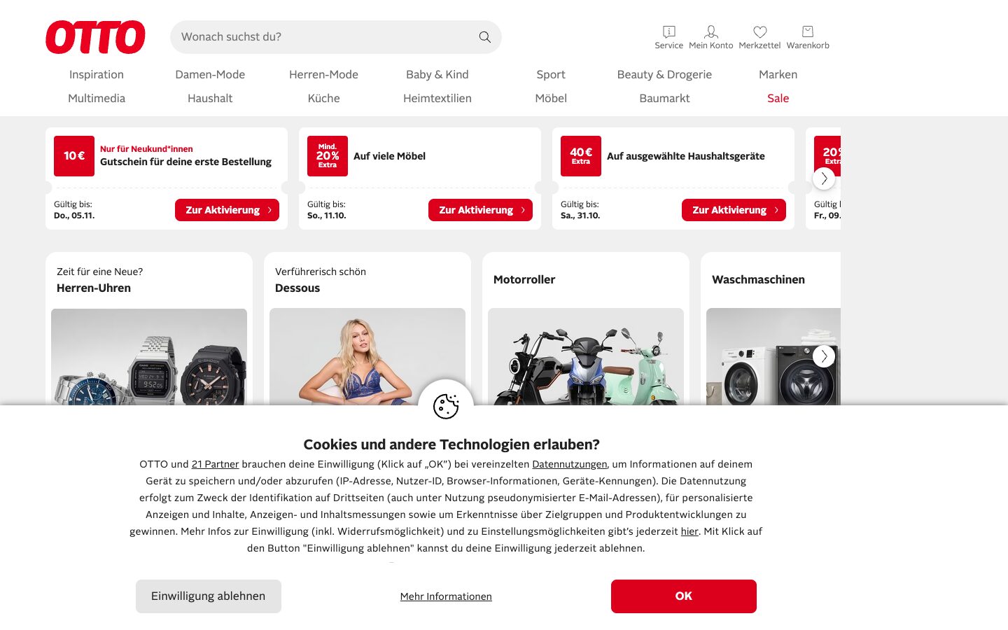 Ablehnen geht, aber grau und flach neben einem roten »OK«. otto.de, Screenshot 2026